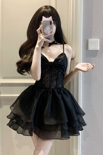 A line Spaghetti Straps Chiffon Black Holiday Dress Birthday Dresses Birthday Outfits SD1237